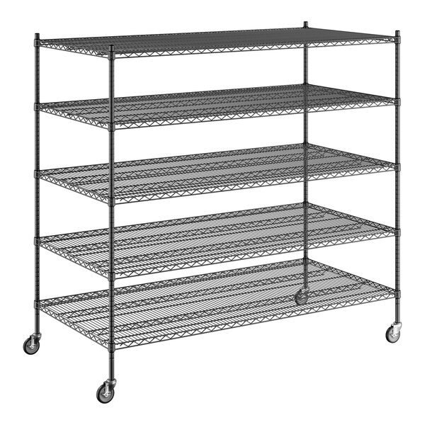 A Regency black wire shelving unit with five shelves.