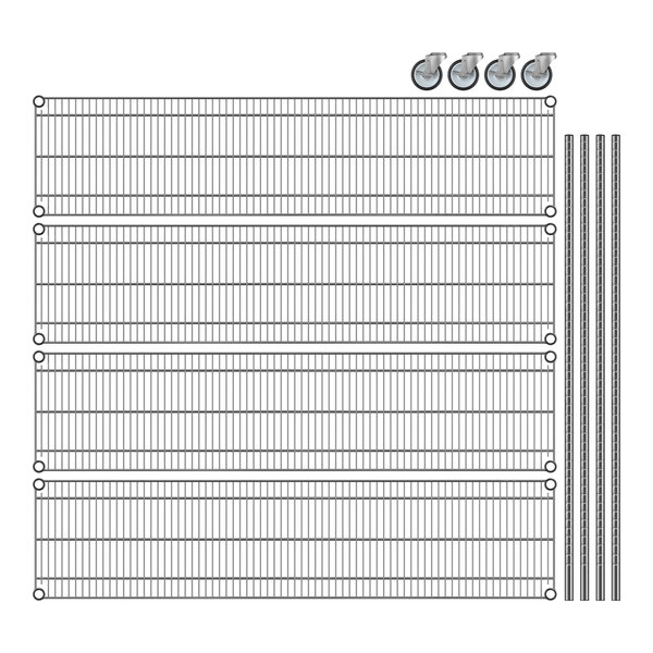 A diagram of a Regency chrome wire rack with wheels.
