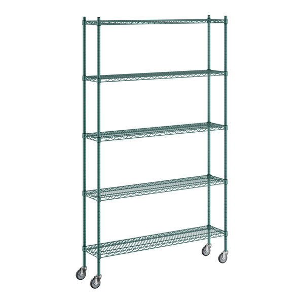 A Regency green wire shelving unit with wheels.