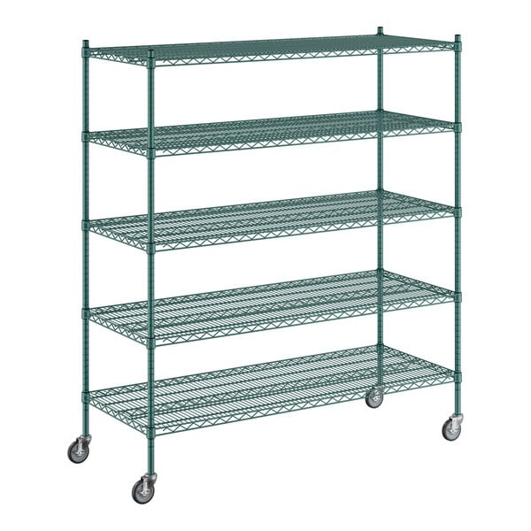 A green Regency wire shelving unit with five shelves.