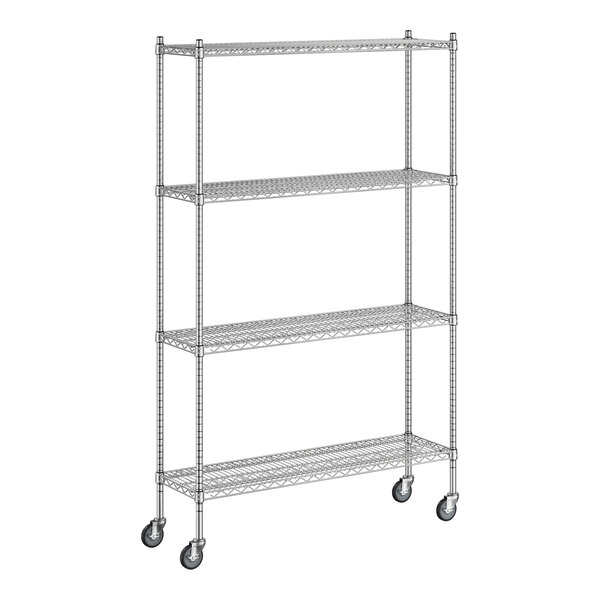 A Regency stainless steel wire shelving unit with wheels.