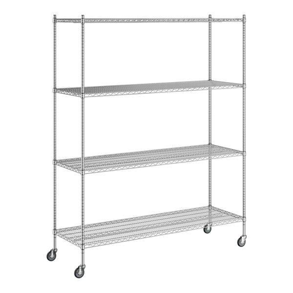 A Regency chrome wire shelving unit with wheels.