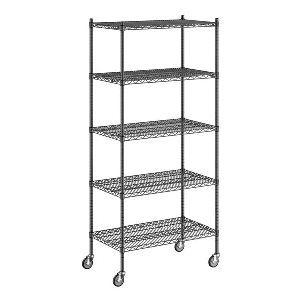 A Regency black wire shelving unit with wheels.