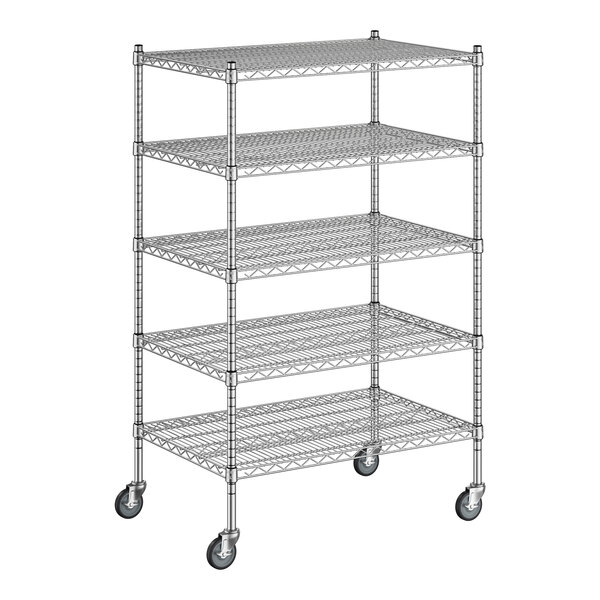 A Regency chrome wire shelving unit with wheels and four shelves.