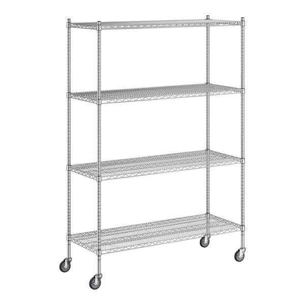 A white wireframe of a Regency chrome mobile shelving unit with wheels.