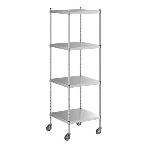 A Regency stainless steel shelving unit with wheels.