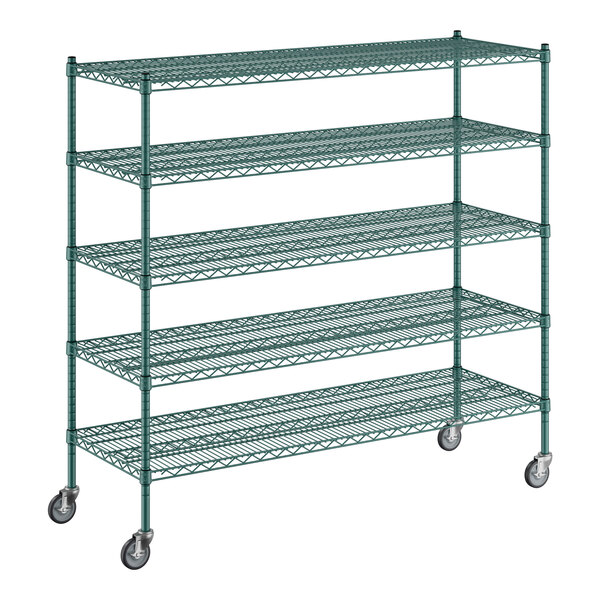 A green metal Regency wire shelving unit with five shelves.