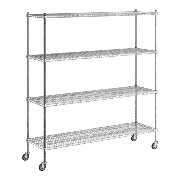 A Regency chrome wire shelving unit with wheels.