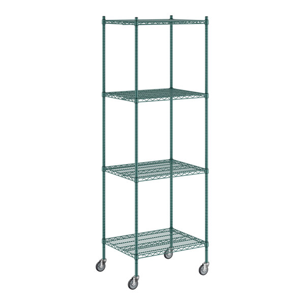 A green metal wire shelving unit with wheels.