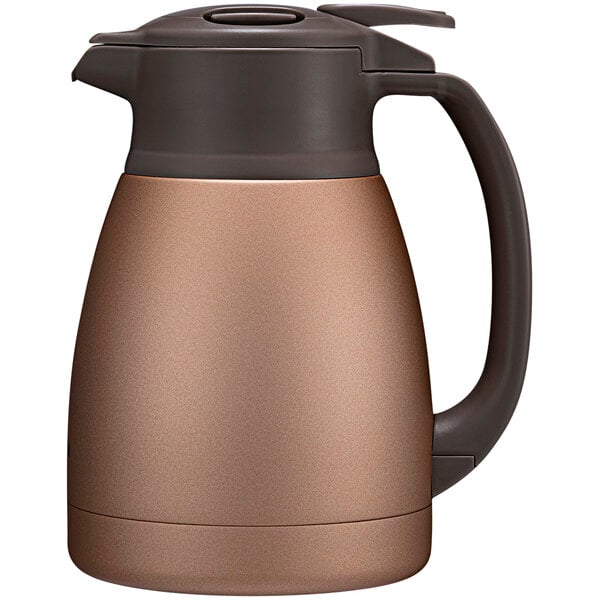 A brown and black Zojirushi stainless steel coffee carafe.