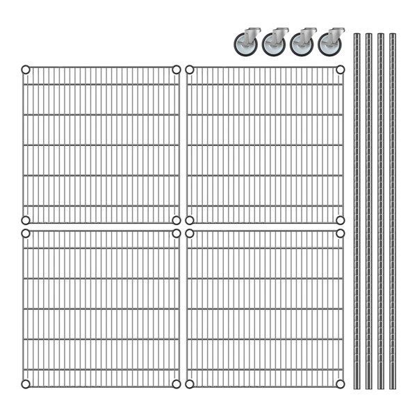 A Regency chrome wire rack with wheels and metal rods.