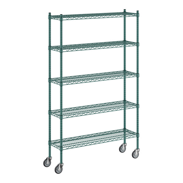 A Regency green metal wire shelving unit on wheels with 5 shelves.