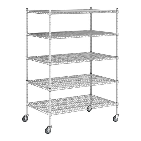 A Regency chrome wire shelving starter kit with 5 shelves and wheels.