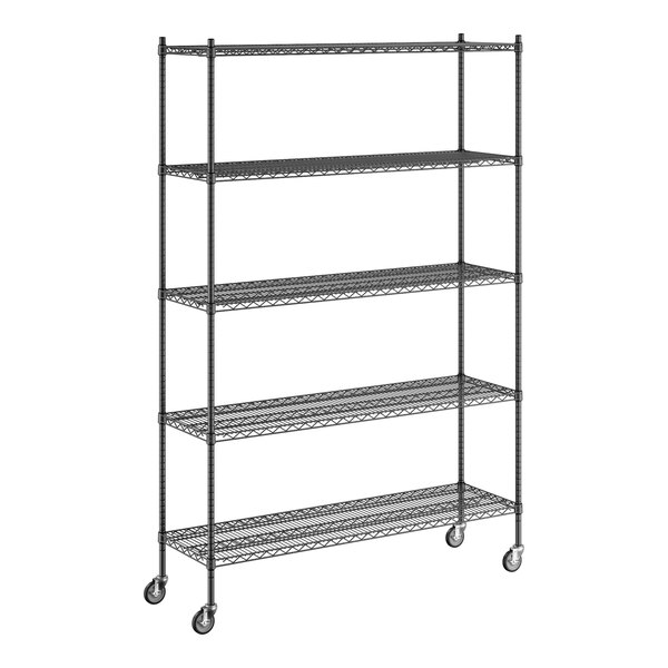 A Regency black wire shelving unit with wheels.