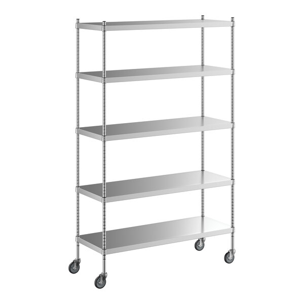 A Regency stainless steel mobile shelving unit with wheels.