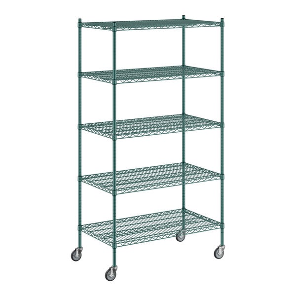 A green metal Regency wire shelving unit with wheels.