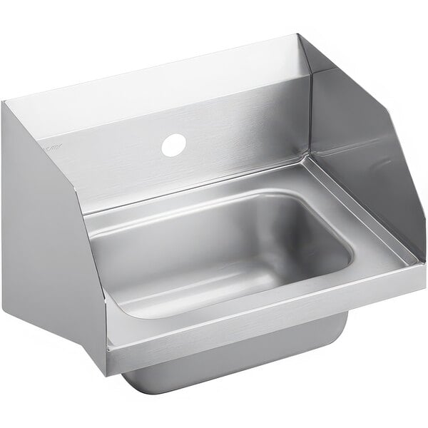 A stainless steel Zurn wall mounted hand sink with a faucet hole and sidesplash.