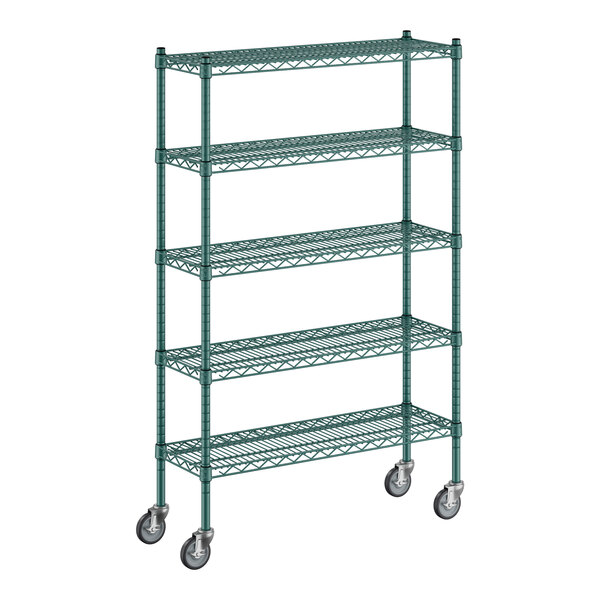 A Regency green metal wire shelving unit on wheels with 5 shelves.