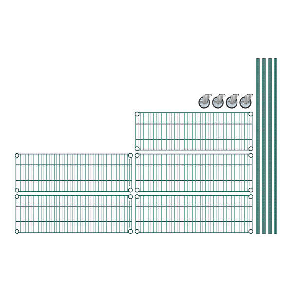 A close-up of a green and white striped wire rack with 5 shelves.