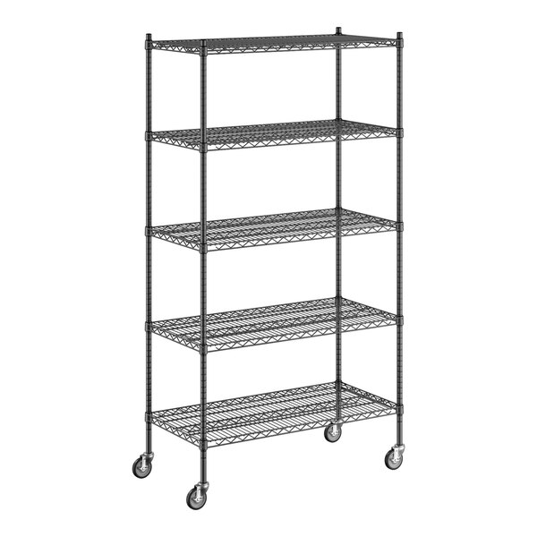 A Regency black wire shelving unit with wheels.