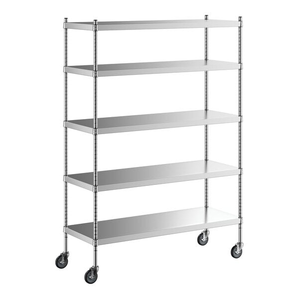 A Regency stainless steel shelving unit with wheels.