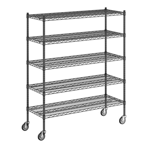 A Regency black wire shelving unit with wheels.