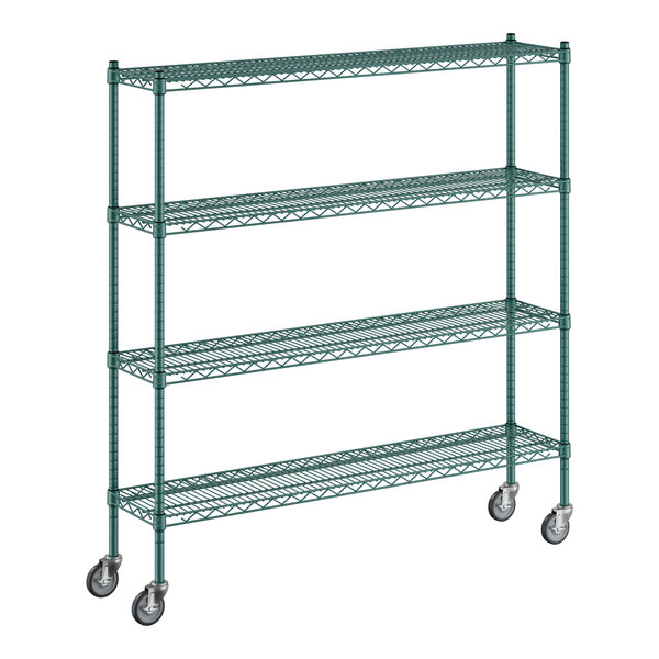 A green metal Regency wire shelving unit with wheels.