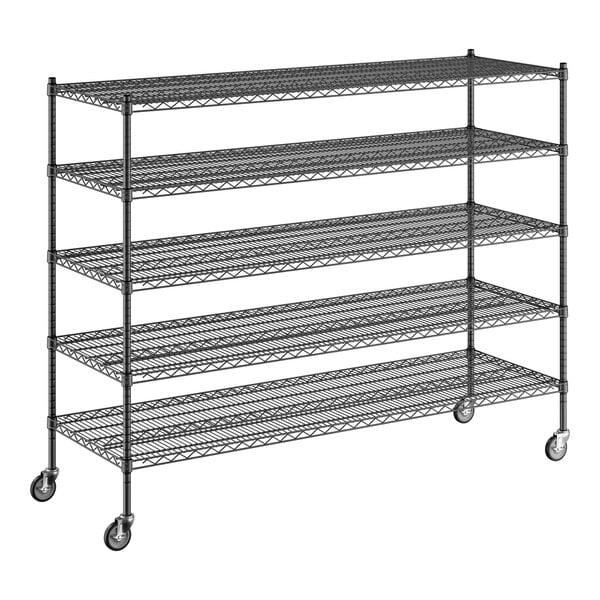 A Regency black metal wire shelving unit with wheels.