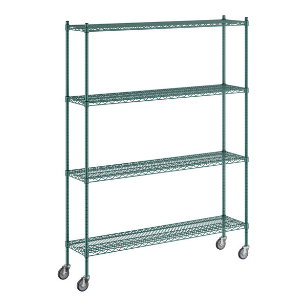 A green metal Regency wire shelving unit with wheels.