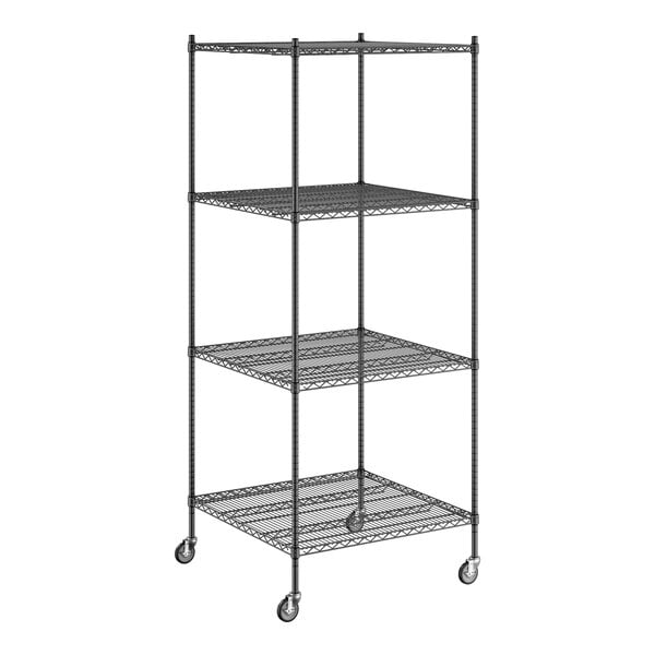 A Regency black wire shelving unit with wheels.