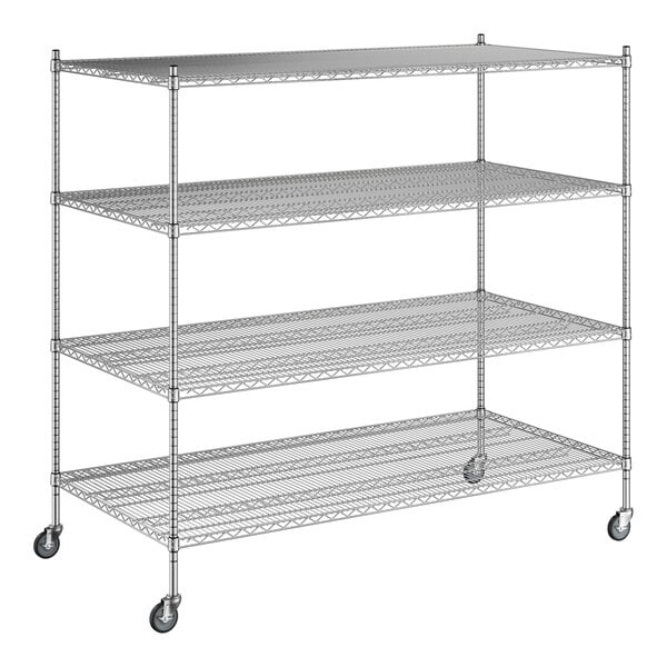 A white wireframe of a Regency chrome mobile shelving unit with three shelves.