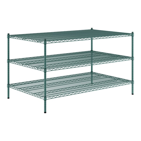 A Regency green metal wire shelving unit with three shelves.