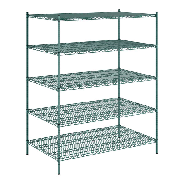 A green metal wire shelving unit with four shelves.