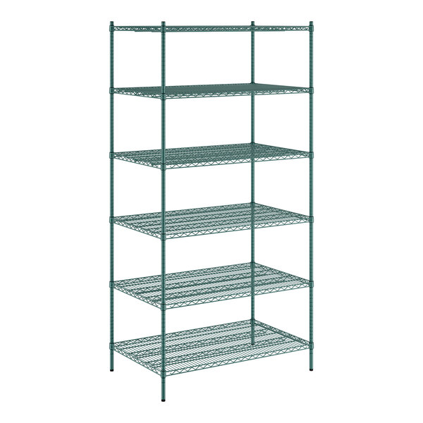 A green Regency wire shelving unit with six shelves.