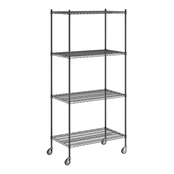 A Regency black wire shelving unit with wheels.