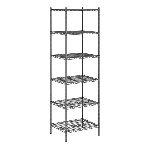 A black wire Regency shelving unit with six shelves.