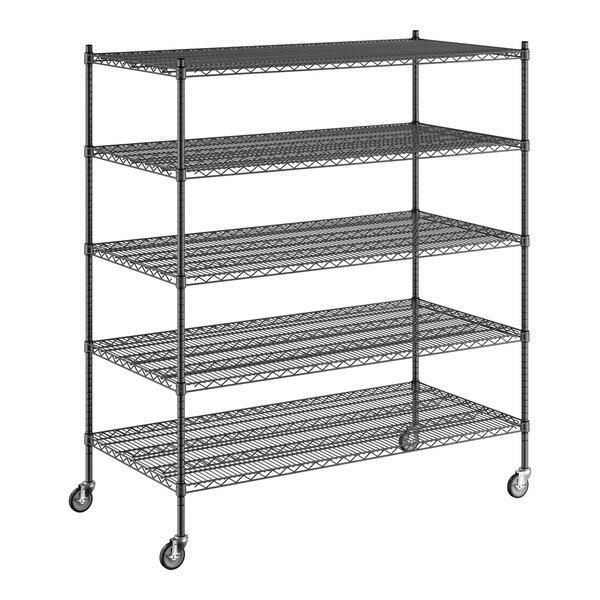 A Regency black wire shelving unit with 5 shelves and wheels.