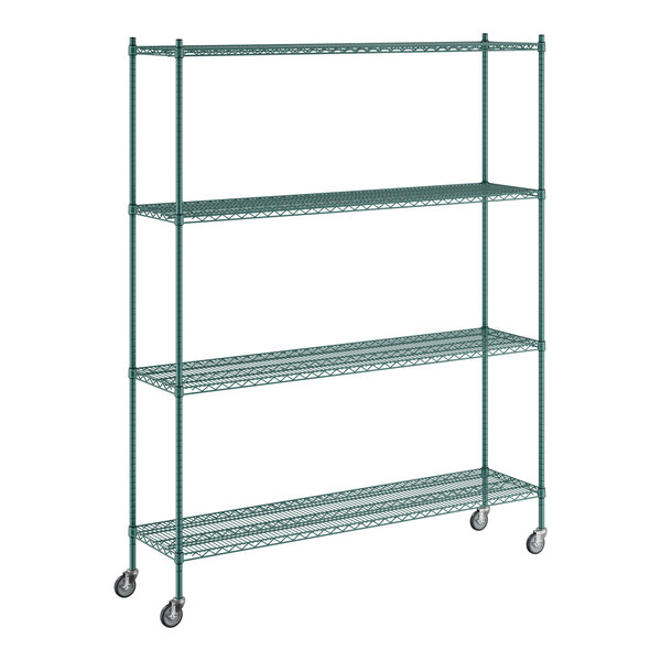 A green metal Regency wire shelving unit with wheels.