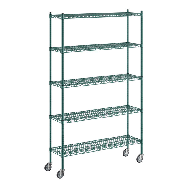 A green metal Regency wire shelving unit with wheels.