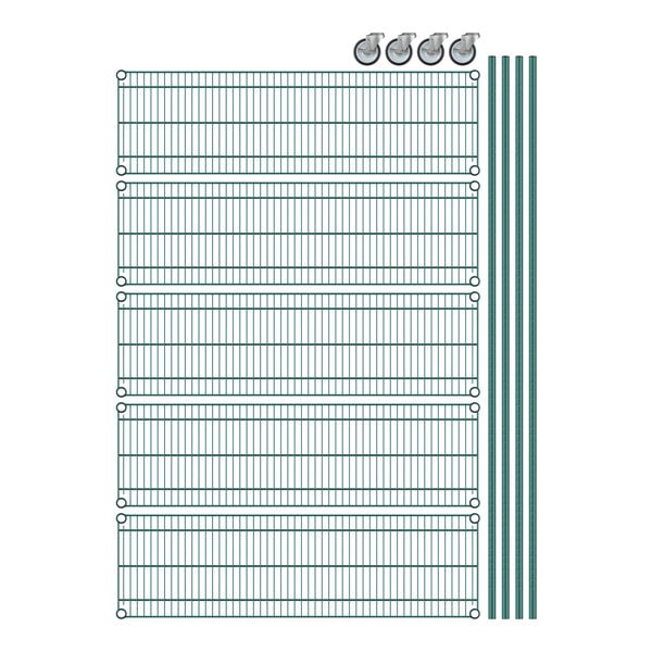 A Regency wire shelving unit with green epoxy coating and five shelves.
