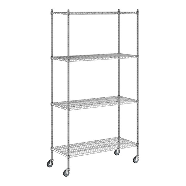 A Regency chrome wire shelving starter kit with wheels.