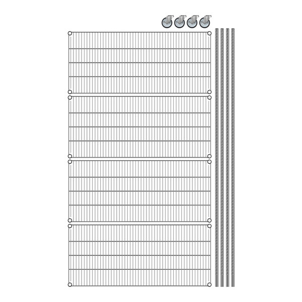 A drawing of a Regency chrome wire shelving rack with 4 shelves and metal bars.