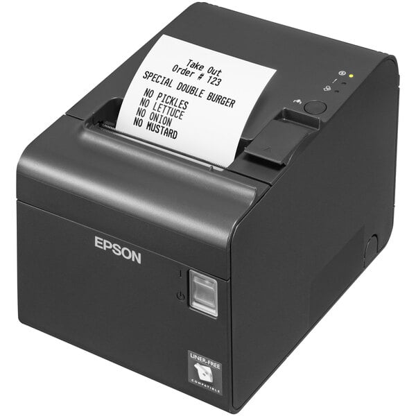 A dark gray Epson OmniLink TM-L90II label printer with a paper in it.