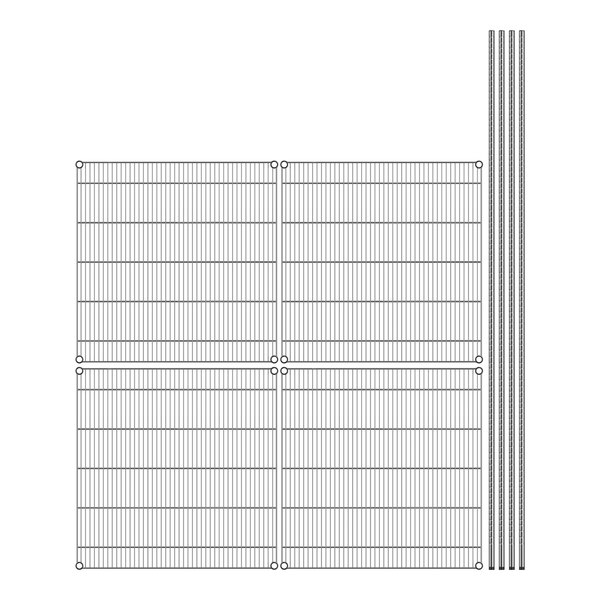 A wire shelving unit with a grid of metal shelves and rods.