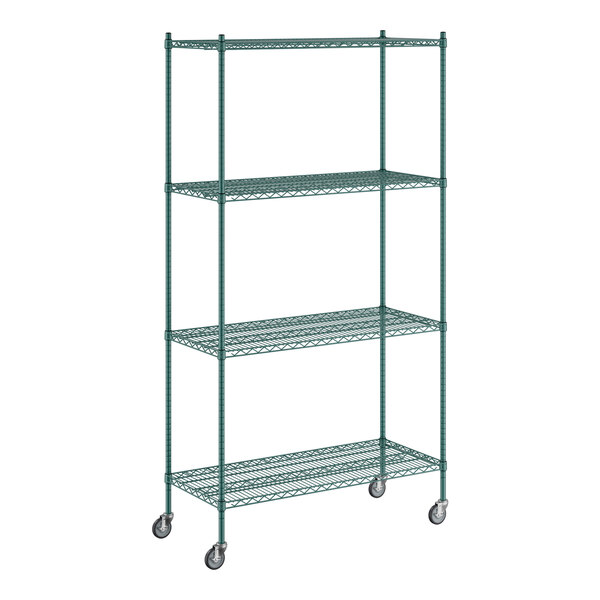 A green Regency wire shelving unit with wheels.