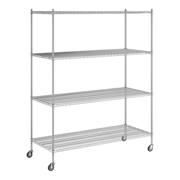 A Regency chrome mobile wire shelving unit with 4 shelves and wheels.