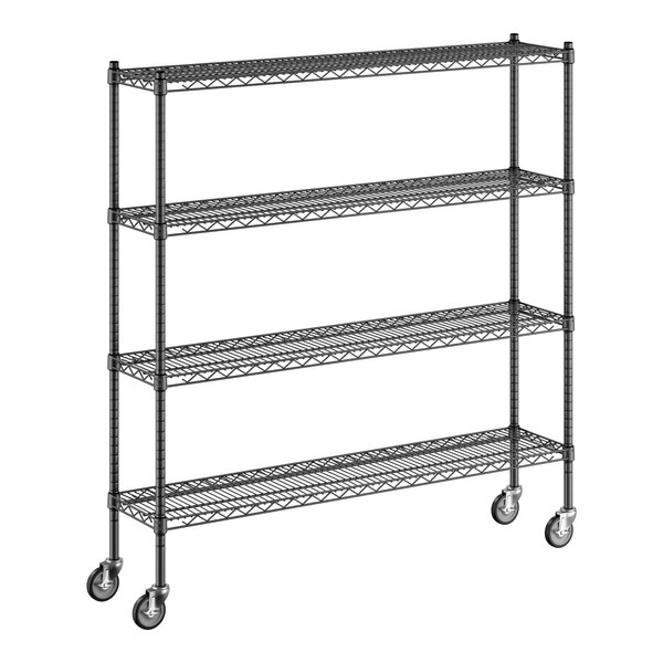 A black metal Regency wire shelving unit with wheels.