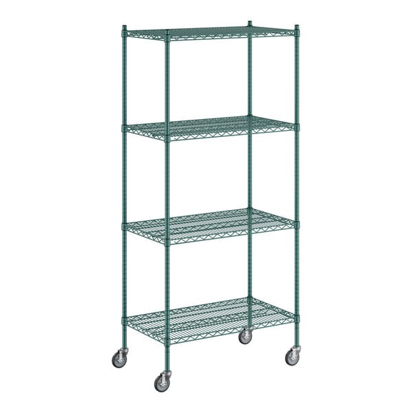 A Regency green wire shelving unit with wheels.