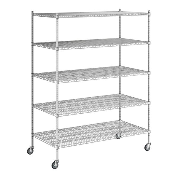 A Regency chrome wire shelving unit with wheels.