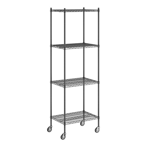 A Regency black wire shelving unit with wheels.